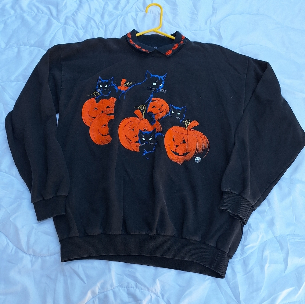Vintage 1992 Halloween Black Cat Pumpkin Collared Crewneck Sweatshirt LARGE